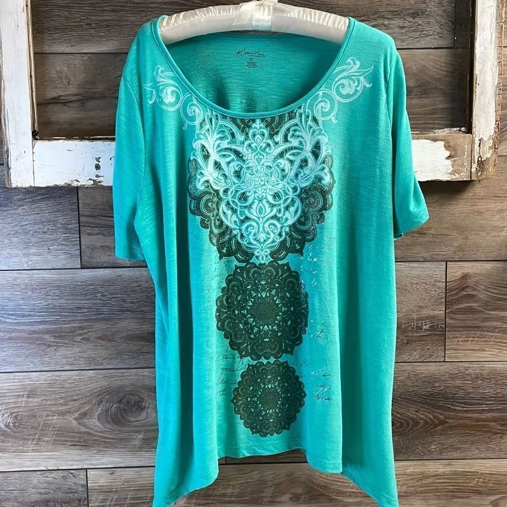 Kim Rogers Womens Scoop Neck Short Sleeve Top Ruched Teal White Size 2X